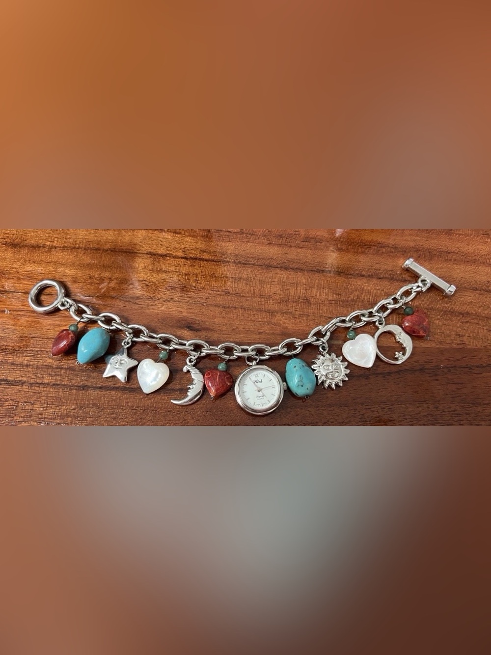 Charm Bracelet Watch with turquoise and coral beads, need change battery